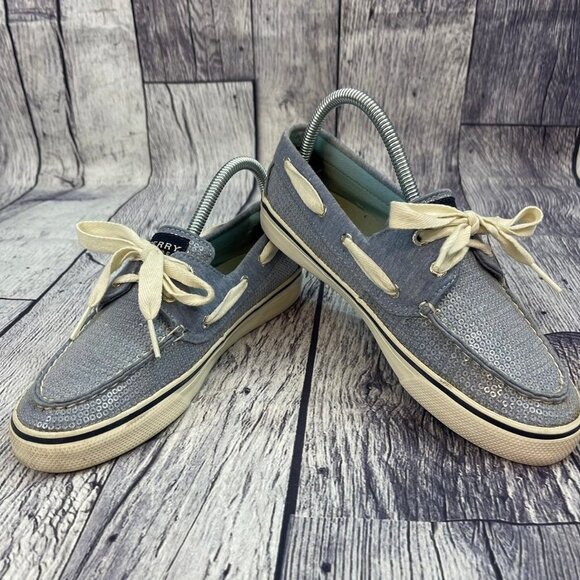 Sperry Bahama 2 Eye Boat Shoes Women's size 6 Slip On Sneaker Blue Sequins Shiny - Picture 7 of 11